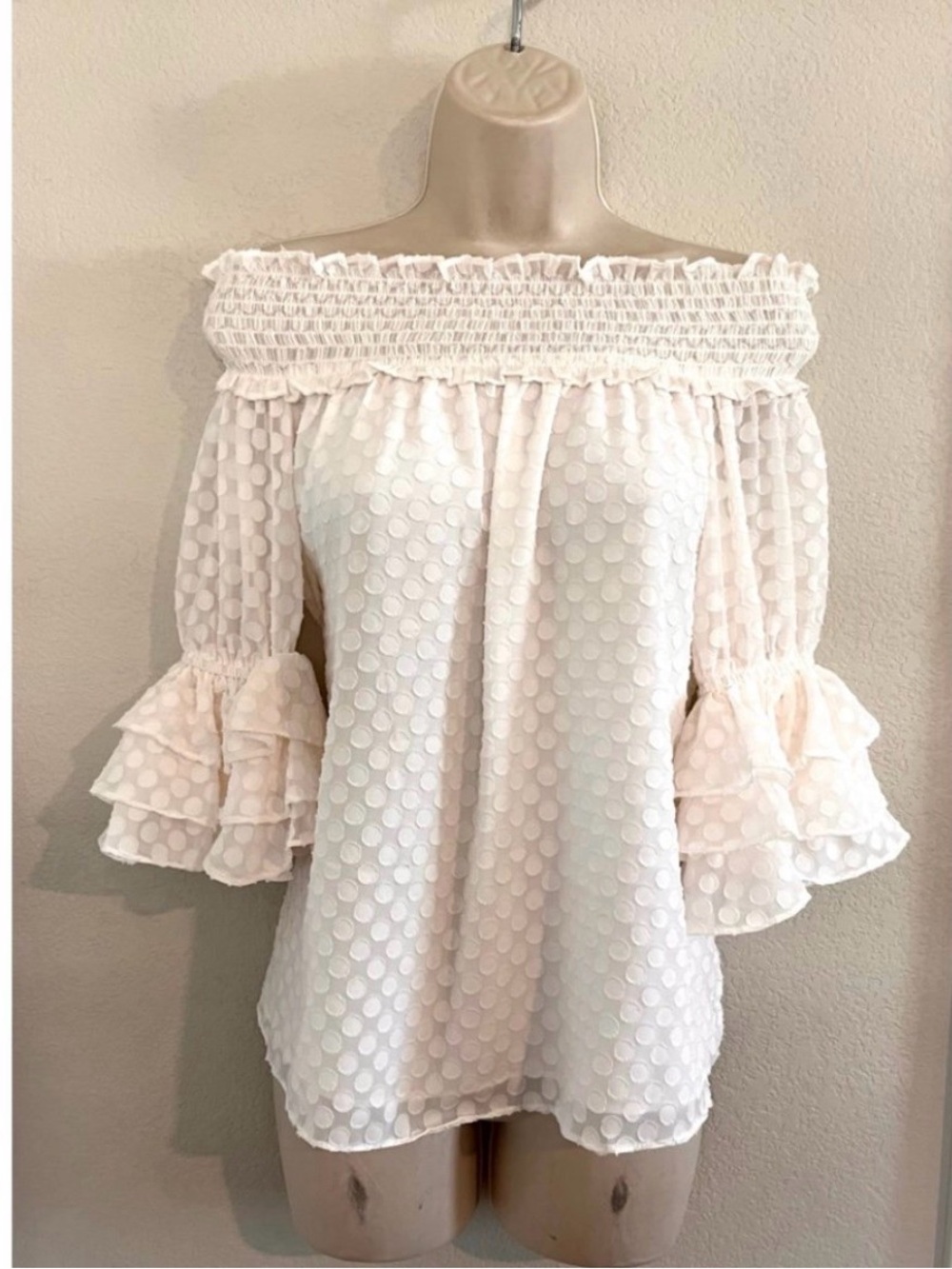 CeCe Ivory Smocked Ruffle Neck Blouse with Tiered Sleeve Ruffles
